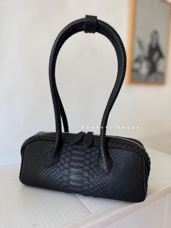 Black Python Leather Handbag | Luxury snakeskin Shoulder Bag | Exotic bagguette bag