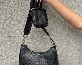 Bolso bandolera de piel de pitón negra / Bolso bandolera de piel de serpiente de lujo para mujer