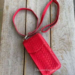 Red Exotic Leather Crossbody Wallet Phone Bag - Genuine Snake Skin, Handmade, Compact & Stylish