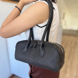 Black Python Leather Handbag | Luxury snakeskin Shoulder Bag | Exotic bagguette bag image 7