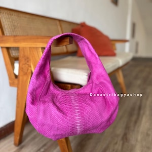 Hot Pink Antique Python Leather Small Hobo Bag ;Luxury Snakeskin Hand Bag : Women Purse