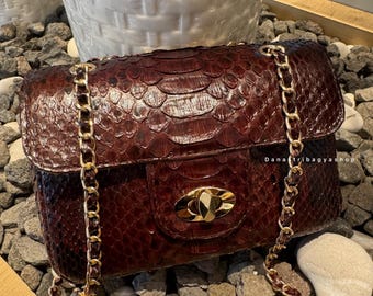 Brown Python Leather Crossbody Purse – Genuine Snakeskin Bag – Luxury Exotic Woman Bag