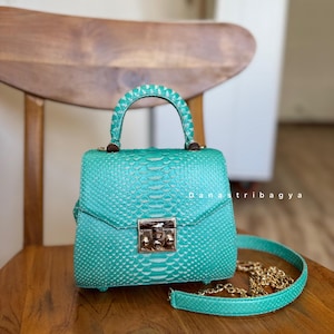 May include: A turquoise handbag with a snakeskin pattern sits on a wooden chair. The bag has a top handle, a gold chain strap, and a gold clasp. The text "Dana Tribagya" is visible on the bag.