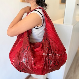 Red Python Leather Big Hobo Bag, Luxury Snakeskin slouchy shoulder bag