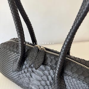 May include: A black handbag with a textured, scale-like pattern across the exterior. The bag features two matching handles and a silver-toned zipper closure with two leaf-shaped pulls. The text "Danastribagya" is printed in white near the zipper.