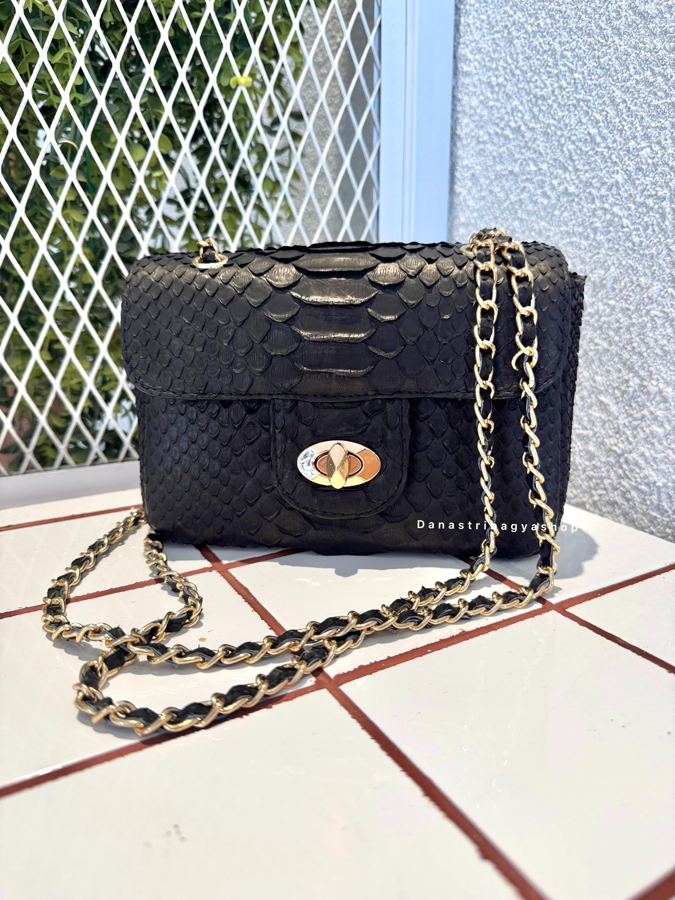 Sac Pochette Vintage Esteve En Cuir Et Python Marron - Chaîne Dorée, épaule