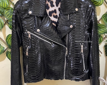 Black Python Leather Cropped Biker Jacket - Black Glossy Handmade Snakeskin Outer
