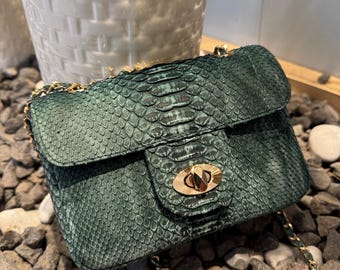 Green Antique Python leather Small crossbody bag : Exotic snakeskin handbag Purse  ; Gift for her