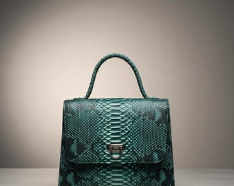 Emerald Green Python Leather CrossBody Purse ;Top Handle Luxury Snake Skin Woman Bag