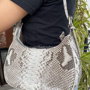 Exotic Python Leather Baguette Bag, Gray & White Snakeskin Purse