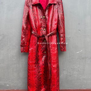 Red Python leather Long Coat : Luxury Snake Skin Ladies Trench Coat