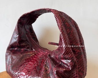 Red Python Leather Small Hobo Bag ;Luxury Snakeskin Shoulder handbag - Soft snake women purse