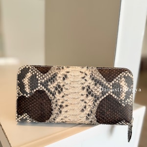 Python leren portemonnee dames met ritssluiting – echte lange portemonnee met slangenleer, luxe exotische clutch, handgemaakte leren portemonnee bruin