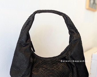 Black Matte Python Leather small Hobo Bag – Luxury Snakeskin Shoulder handbag for women