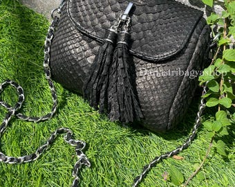 Black Matte  Python Leather Crossbody Bag:Exotic Small Purse for Woman
