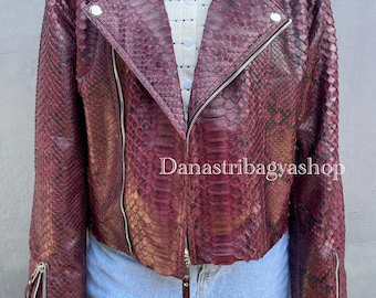 Genuine Python Snakeskin Biker Jacket Cropped : Exotic Woman Leather Jacket