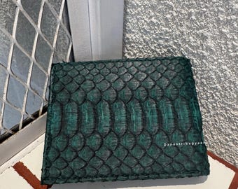 エメラルドグリーンのパイソンレザー二つ折り財布：メンズエキゾチックスネークスキンウォレット