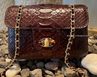 Bolso pequeño de piel de pitón marrón – Bolso exótico de piel de serpiente – Bolso bandolera de lujo