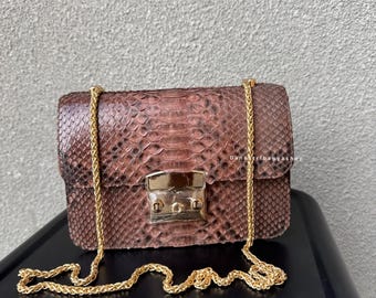 Brown Python Leather Crossbody Small Bag:Luxury Shoulder Woman Purse