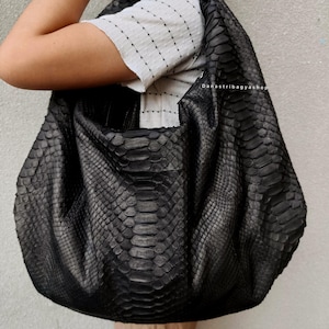 Black Matte Python Leather Big Hobo Bag: Luxury Snakeskin Oversized shoulder bag