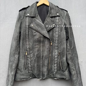 Black Antique Python Leather Biker Jacket :Handmade Luxury Real Snakeskin Jacket