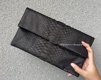 Schwarze Python-Haut Foldover Clutch: Luxus-Umschlag-Schlangenhaut-Handtasche - Damen-Geldbörsen