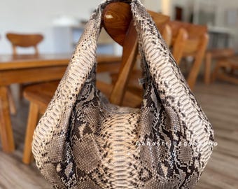 Beige Python Leather Big Hobo Bag : Luxury Snakeskin Purse designer Woman Bag