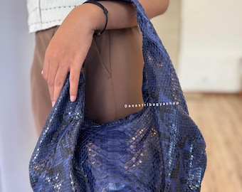 Blue Navy Python Leather Small  Hobo Bag; Exotic Snakeskin Shoulder Purse, Chic Everyday Bag