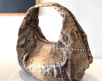 Beige Python Leather Small Hobo Bag ; Luxury  Snakeskin Shoulder handbag purse
