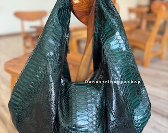 Sac hobo en cuir de python vert émeraude, sac à main surdimensionné de luxe en peau de serpent