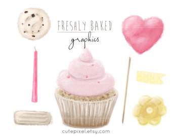 Graphismes aquarelle dessinés à la main pour cupcakes (téléchargement numérique) Décoration de fête Bannière de blog Images clipart Invitation d'anniversaire Petite carte de visite