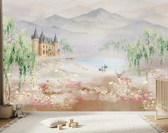 Enchanted Castle Nursery Mural, Watercolor Fairytale Forest Animals Peel & Stick Wallpaper