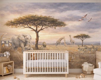 Afrika Safari Jungle Kinderzimmer Wandbild, Aquarell Märchen Tiere Wallpaper
