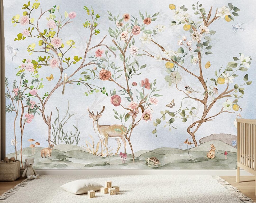 Woodlands Nursery Mural, Chinoiserie Forest Animals Wallpaper, Custom ...