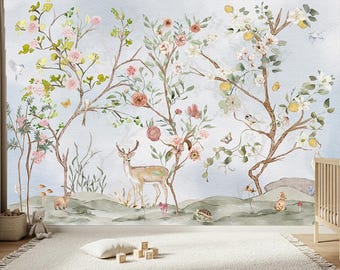 Woodlands Kinderzimmer Wandbild, Chinoiserie Waldtiere Tapete, kundenspezifische Größe, blau