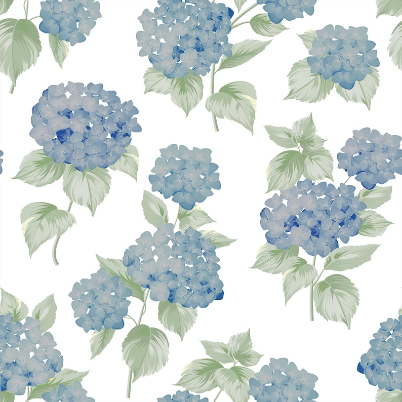 Pu&ograve; includere: Uno schema senza cuciture con fiori di ortensia blu e foglie verdi su uno sfondo bianco.