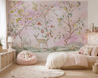 Woodlands Kinderzimmer Wandbild, Chinoiserie Waldtiere Tapete, kundenspezifische Größe, rosa