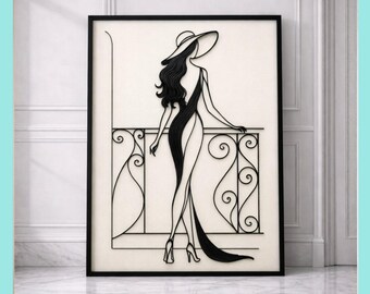 Minimalist Line Art Fashion Print. Elegant Woman on Balcony. Feminine Energy. Digital Download.