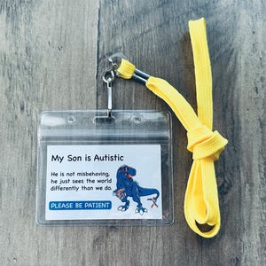 Mijn zoon is autistisch / identiteitskaart autisme gehandicapt / neurodivergent veiligheidswaarschuwingstag