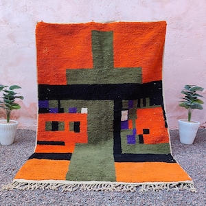 Handmade Orange Wool Rug: Berber Moroccan Carpet