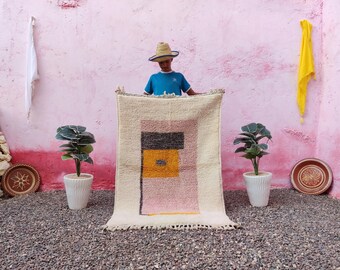 Custom Colorful Morrocan Rug -Authentic Moroccan Rug - Mrirt Rug -Real Wool Rug - Handmande Rug, White Rug, Rug For Batherom, Moroccan Rug