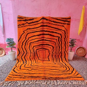 Striped Tiger Moroccan Rug Orange , Beni Mrirt rug, Mrirt Handmade rug , Authentic rug for living room, Large Area Rug , Solid Orange Rug