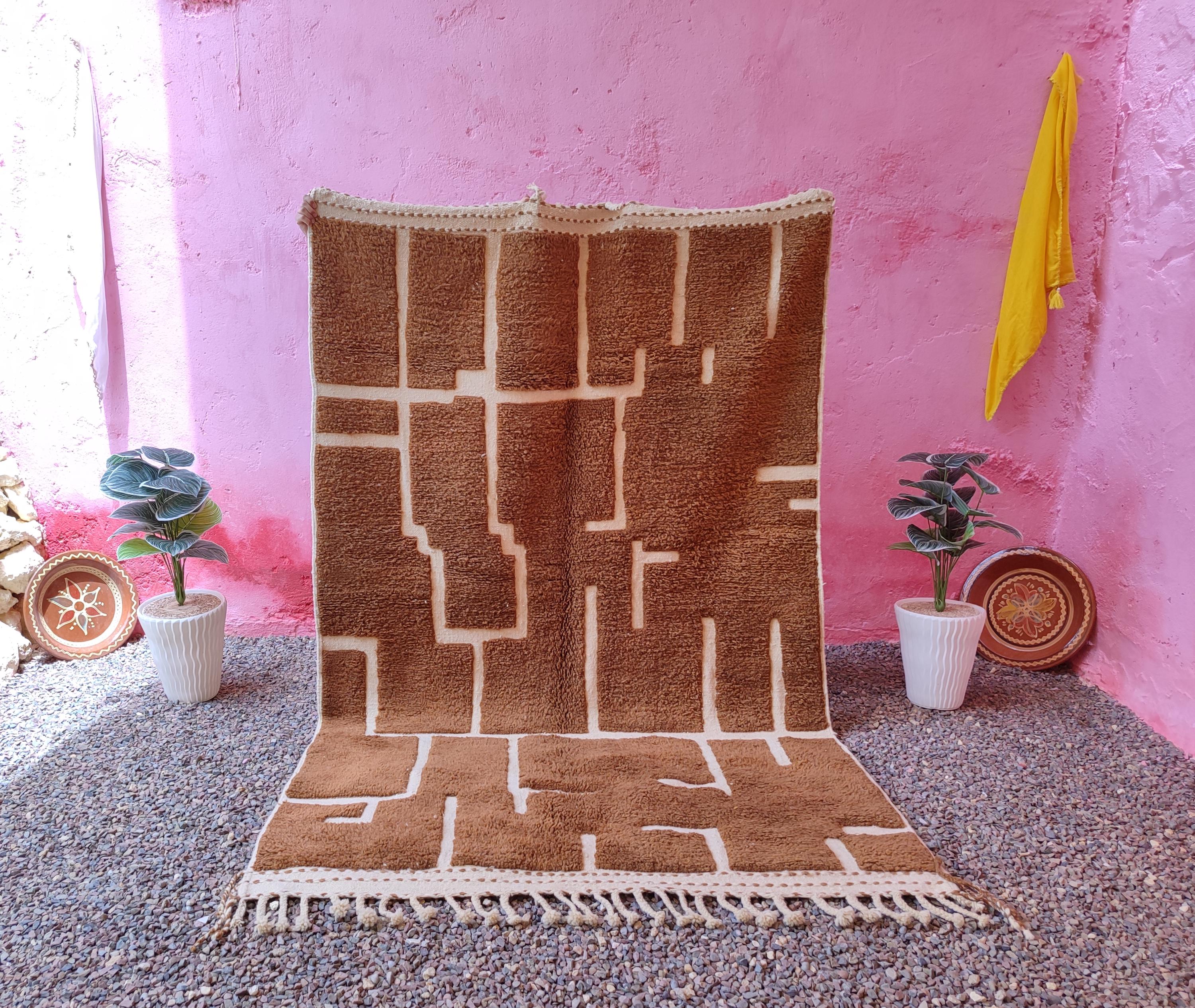 Unique Soft Beni Mrirt Wool Rug, Striped Moroccan Wool Rug, Handmade Berber Rug, Brown Area Rug, Plush Authentic Beni Mrirt Wool Rug