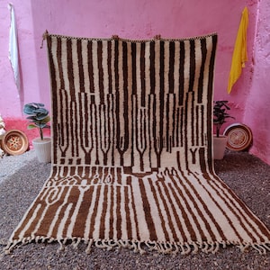 Brown & White Moroccan Berber Rug: Artisan Handmade Wool, Striped Beni Ourain Style