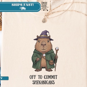 Può includere: T-shirt color avorio con l'illustrazione di un capibara vestito da mago, con un cappello viola e un mantello verde, che tiene in mano un bastone con una sfera di cristallo. Il testo "OFF TO COMMIT SHENANIGANS" è stampato sotto.