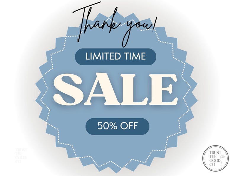 Puede incluir: Gr&aacute;fico azul claro en forma de estrella con las palabras "Thank you!" en escritura cursiva. El centro presenta el texto "LIMITED TIME SALE" y "50% OFF" en blanco y azul oscuro. Un peque&ntilde;o logotipo est&aacute; en la esquina inferior derecha.