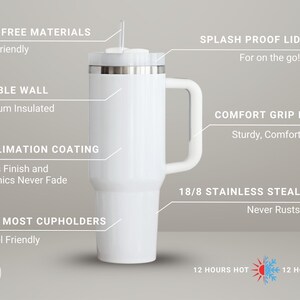 Puede incluir: Taza de viaje blanca con asa de agarre c&oacute;modo y tapa a prueba de salpicaduras. Cuenta con aislamiento al vac&iacute;o de doble pared, revestimiento de sublimaci&oacute;n y acero inoxidable 18/8. La taza no contiene BPA y se adapta a la mayor&iacute;a de los portavasos. Mantiene las bebidas calientes o fr&iacute;as durante 12 horas.