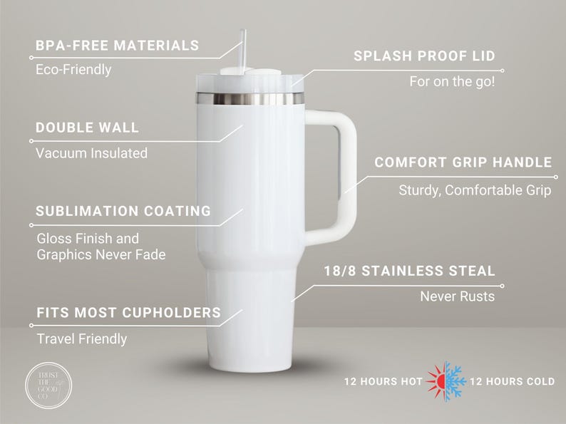 Puede incluir: Taza de viaje blanca con asa de agarre c&oacute;modo y tapa a prueba de salpicaduras. Cuenta con aislamiento al vac&iacute;o de doble pared, revestimiento de sublimaci&oacute;n y acero inoxidable 18/8. La taza no contiene BPA y se adapta a la mayor&iacute;a de los portavasos. Mantiene las bebidas calientes o fr&iacute;as durante 12 horas.
