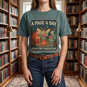 Op de afbeelding: Een leiblauw t-shirt met korte mouwen en een grafische print van een sasquatch, een motachtig wezen en een hert die boeken lezen rond een kampvuur. De tekst luidt A PAGE A DAY KEEPS THE CHAOS AT BAY. Het shirt wordt gedragen met een donkerblauwe jeans.