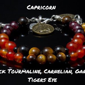 CAPRICORN Zodiac Intention Bracelet – Garnet, Carnelian, Tiger’s Eye & Black Tourmaline Crystal Energy-Choose 6-8mm beads